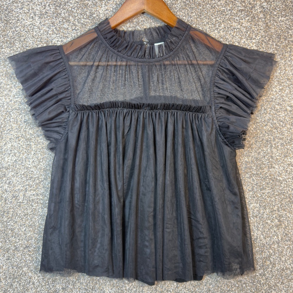 Joie Black Tulle Mesh Ruffle High Neck Flutter Sleeve Babydoll Top Womens Medium